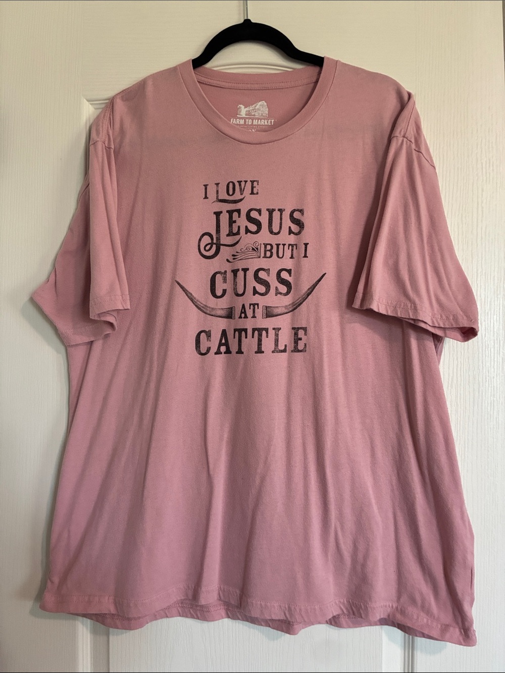 Pink Graphic Short Sleeve Tee - 'I Love Jesus But I Cuss at Cattle'